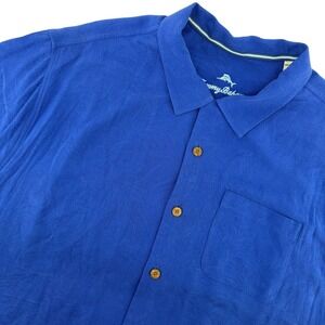 Tommy Bahama Men's 1XLB Blue Silk Tropical Leaf Print Short Sleeve Button Up Sun